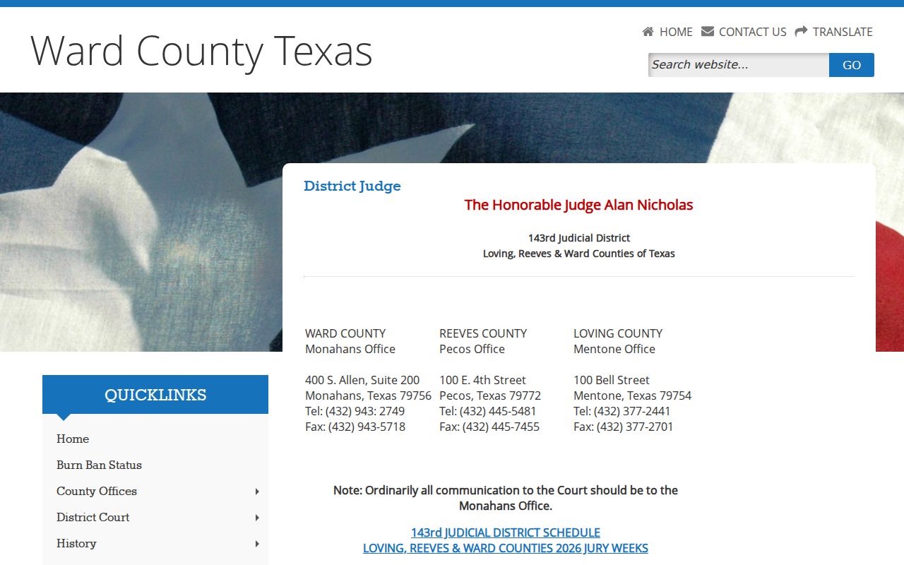 Ward County court docket page for the 143rd District Court